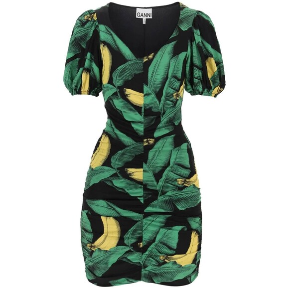 GANNI Womens Dress Size 36 Green Puff Sleeve Ruched Mini Pullover Stretch BANANA - Picture 2 of 12